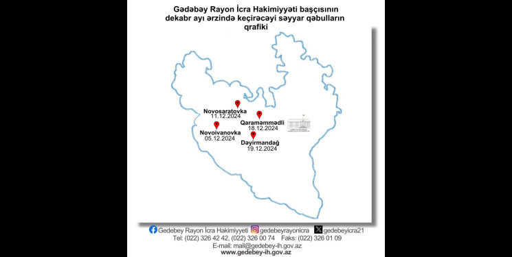 Gədəbəy Rayon İcra Hakimiyyətini başçısının dekabr ayı ərzində keçirəcəyi səyyar qəbulların qrafiki